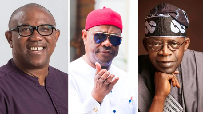 Foto of Peter Obi, Nyesom Wike and Bola Tinubu