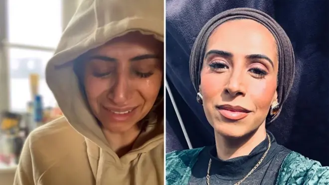 Foto dividida de Annika Waheed, de 42 años. A la izquierda, Annika lleva una sudadera blanca con capucha. Tiene los ojos cerrados y el rostro cubierto de lágrimas. A la derecha, está maquillada y sonríe a la cámara.