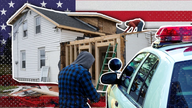 Montagem com imagem de carro da polícia, trabalhador, e casa ao fundo.