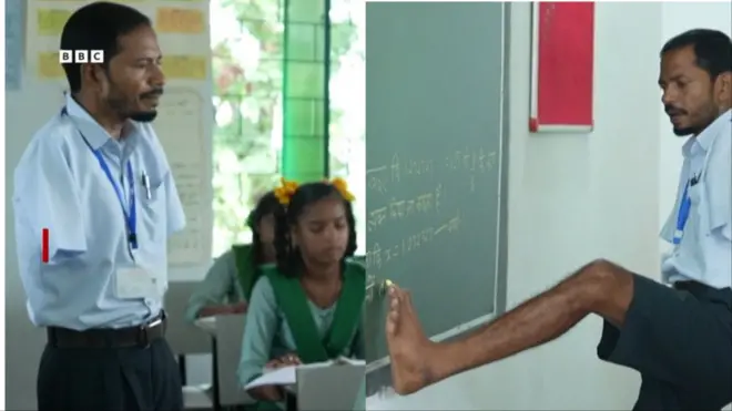 Olukọ ti ko ni ọwọ naa n fi ẹsẹ rẹ kọ iwe si oju patako ikawe