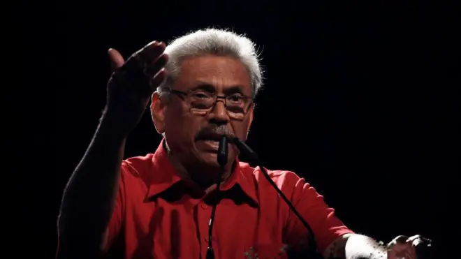 Sri Lankan presidential candidate of Sri Lanka Podujana Peramuna, Gotabaya Rajapaksa delivers a speech during the final rally in Homagama, outskirts of Colombo, Sri Lanka 13 November 2019.