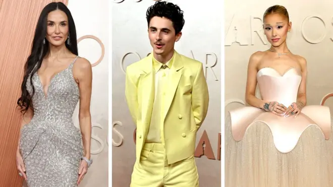 Demi Moore, Timothee Chalamet e Ariana Grande no tapete vermelho da cerimônia do Oscar em 2 de março de 2025