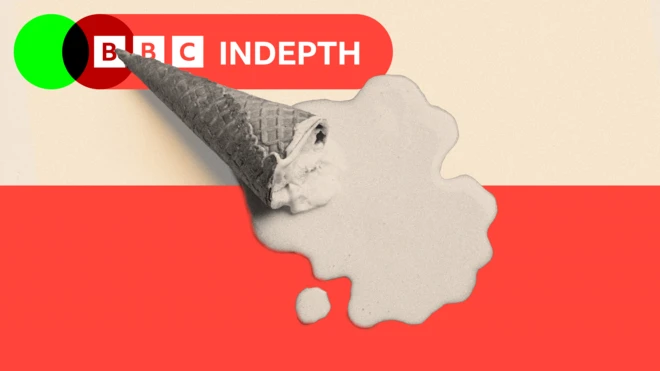 A treated image showing a black and white ice cream melting onto a red and cream background