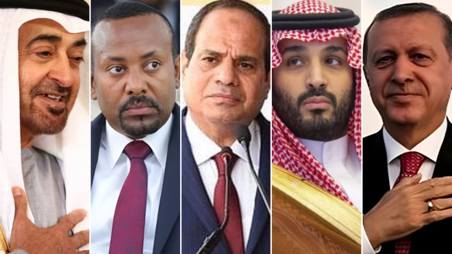 ከግራ፤ ፕሬዝዳንት ሼኽ ሞሐሙድ ቢን ዛይድ አል ናሕያን፣ ጠቅላይ ሚኒስትር ዐቢይ አሕመድ፣ ፕሬዝዳንት አብደል ፋታሕ አል ሲሲ፣ ልዑል አልጋ ወራሽ መሐመድ ቢን ሳልማን እና ፕሬዝዳንት ረሲፕ ታይፕ ኤርዶዋን