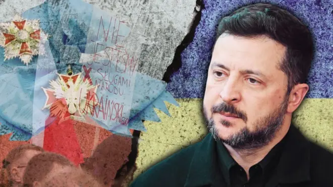 Колаж із портретом Зеленського та Орденом Білого Орла на тлі прапорів України та Польщі