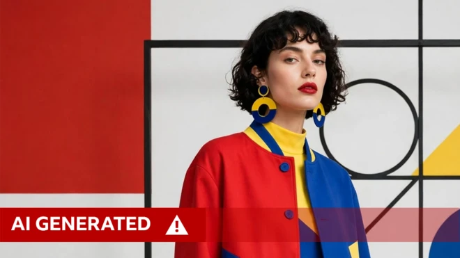 Obraz wygenerowany przez AI z pomocą narzędzia Muse Image: kobieta o falowanych czarnych włosach stoi na tle grafiki w stylu Bauhaus. Ma na sobie top, marynarkę i kolczyki w odcieniach czerwieni, granatu i żółci.