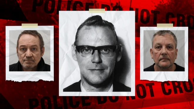 A composite graphic on a red background printed with "Police do not cross". In the centre, a black-and-white 1984 portrait of Anthony Littler in glasses and a suit. On either side, police custody photographs of two middle-aged men in their 50s, his murderers