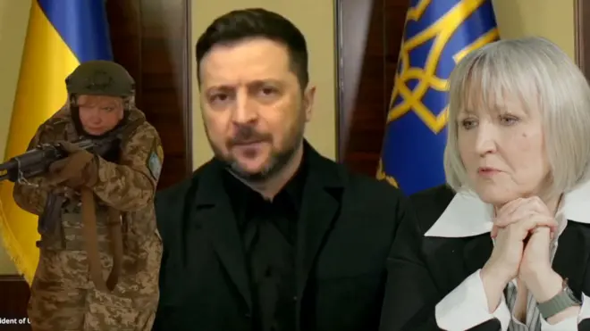 BBC Украин хизматидан Ирeна Таранюк, президент Зеленский ва аёл аскар.