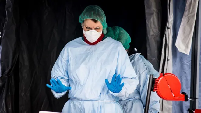 Doctors and nurses at the emergencies department at work at hospital in Pavova, Italy