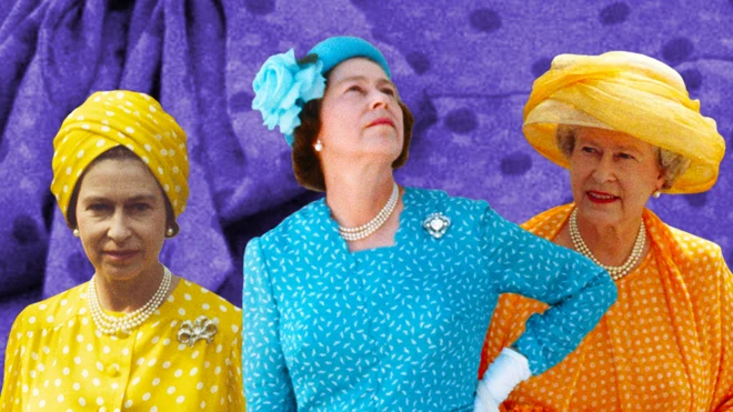 Queen Elizabeth II in four coloured floral print dresses with white gloves and handbags