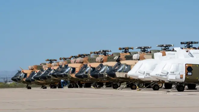 Вертольоти Мі-17 виготовленні в РФ на замовлення США для армії Афганістану, але після захоплення країни талібами повернулися до США