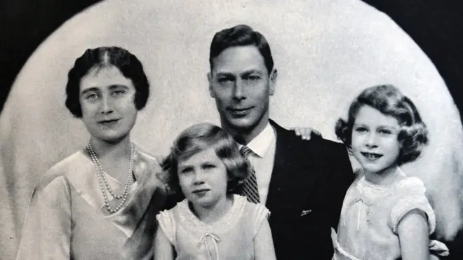 A formal portrait of the-then Duchess of York, Princess Margaret, the Duke of York - later King George VI - and Princess Elizabeth