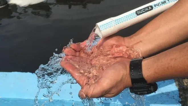 Air bersih hasil pengolahan limbah tinja di IPLT Duri Kosambi