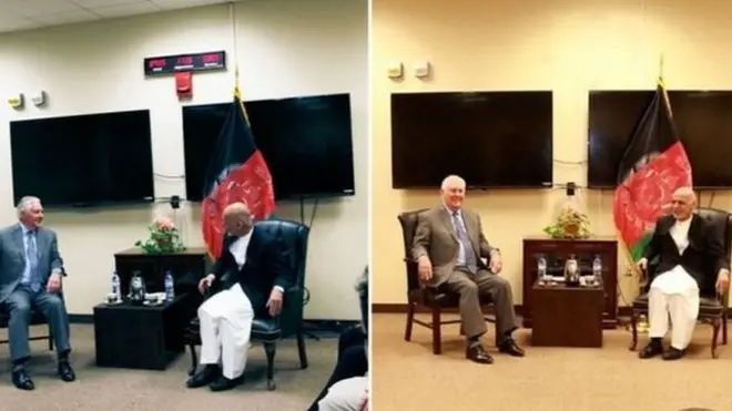 دونوں تصویر میں ریکس ٹلرسن کے لباس کے رنگ میں بھی فرق ہے