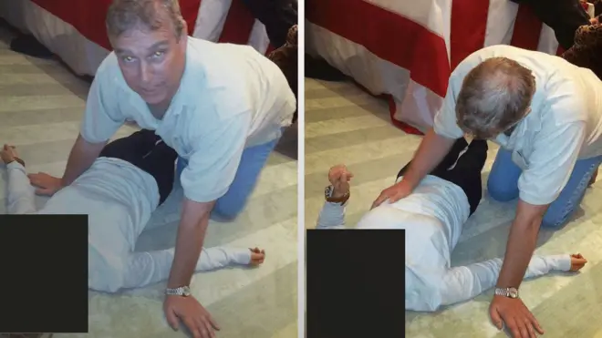 安德鲁·蒙巴顿-温莎 蹲在一名身份不明女子身旁的照片