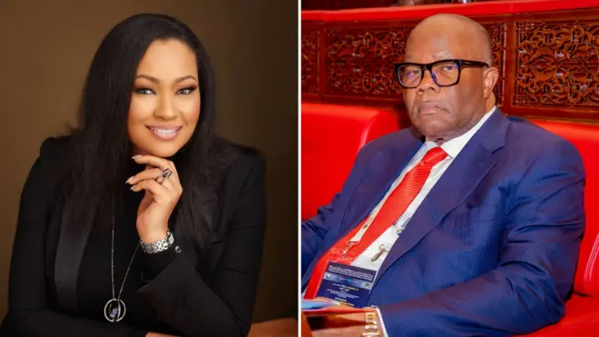 A collage image of Natasha Akpoti-Uduaghan and Nigeria's Senate President Godswill Akpabio