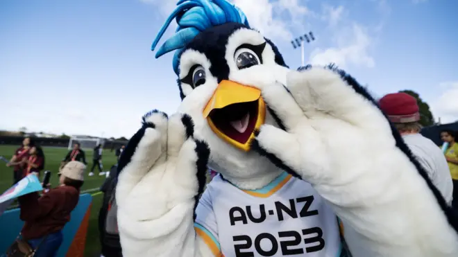Tazuni, the mascot of the FIFA Women's World Cup wave during a Philippines team meeting with fans ahead of the FIFA Women's World Cup at the Olympic Park in Auckland, New Zealand, 18 July 2023.