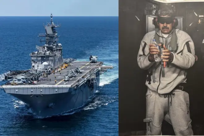 Ifoto y'ubwato bw'intambara USS Iwo Jima bufite uburebure bwa metero zirenga 200 kandi buhagurukiraho indege, n'ifoto yatangajwe na Donald Trump igaragaza Perezida Maduro apfuzwe amaso yambaye amapingu ubwo yari agejejwe kuri ubu bwato 