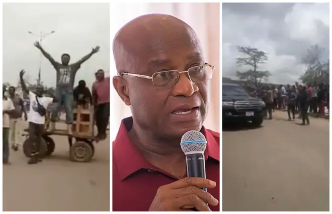 Collage of di lawmaker and scenes from wia some youths chase am