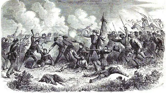 Gravura em preto e branco mostra batalha