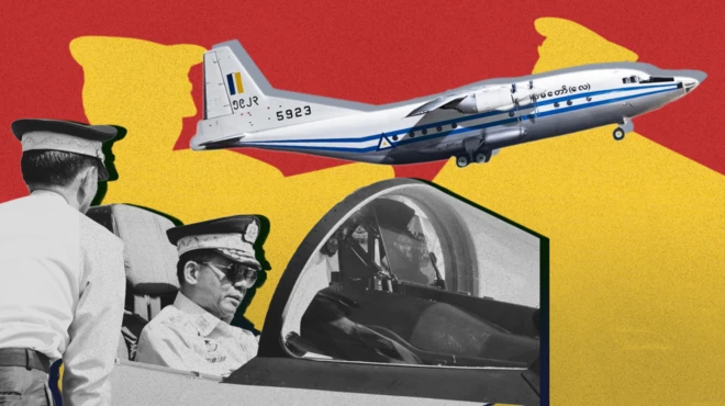 တပ်မတော် လေတပ်နေ့ မှာတွေ့ရတဲ့ ဗိုလ်ချုပ်မှူးကြီးမင်းအောင်လှိုင်နဲ့ Y8 လေယာဥ် တစ်စင်း ပေါင်းစပ်ဓာတ်ပုံ 