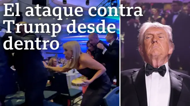 Un montaje en el que se ve en un lado gente econdiéndose tras las mesas durante la cena de corresponsales de la Casa Blanca de 2026, y al otro lado, el presidente Donald Trump