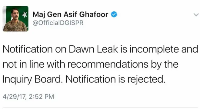 پاکستان کی فوج کے شعبہ تعلقات عامہ کے سربراہ میجر جنرل آصف غفور کی 29 اپریل کی ٹویٹ کا عکس