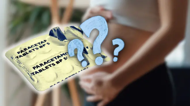 Колаж - упаковка парацетамолу та три знаки питання на тлі вагітної жінки, яка тримає руками живіт