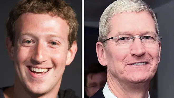 Amazon (Jeff Bezos, izda.) no firmó la carta, pero sí lo hicieron Facebook (el fundador Mark Zuckerberg, en el centro de la imagen) y Apple (el CEO Tim Cook, a la dcha.).