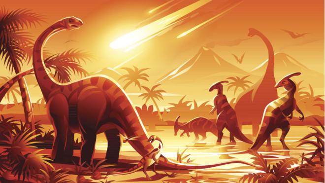 Ilustração de dinossauros sob uma chuva de meteoritos