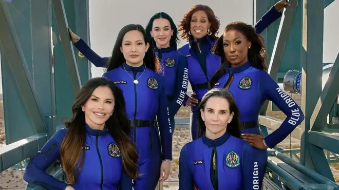 Six women, including Katy Perry and Jeff Bezos's fiancée Lauren Sanchez, launch into space for an 11-minute flight.