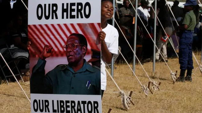 A woman holds a pro-Mugabe poster