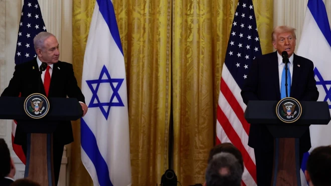 مؤتمر صحفي في البيت الأبيض للرئيس الأمريكي دونالد ترامب مع رئيس الوزراء الإسرائيلي، بنيامين نتنياهو.