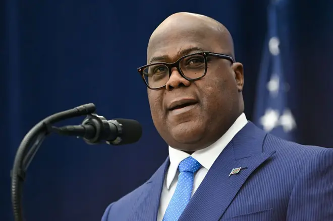 Le président de la République démocratique du Congo, Félix Tshisekedi, s'exprimait lors de la cérémonie de signature, organisée par le président Donald Trump, d'un accord de paix entre le Rwanda et la République démocratique du Congo à l'Institut américain de la paix à Washington, le 4 décembre 2025.