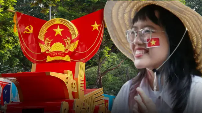 一名越南女大學生在胡志明街頭參加越戰結束50週年慶祝活動