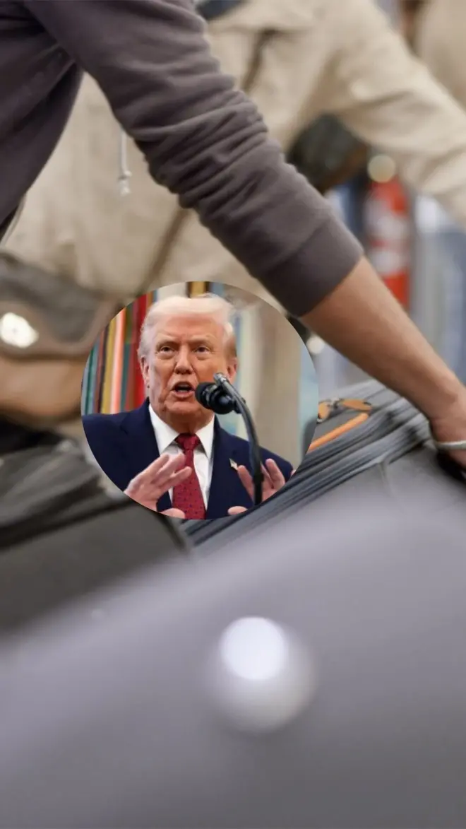 An image of a traveller with his bad. On the image is a photo of US President Donald Trump in a circle