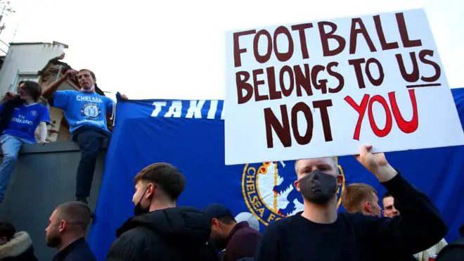 Chelsea fans protest against their club signing up to play in the ESL