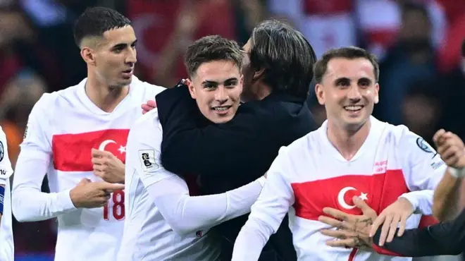 Kenan Yıldız takım arkadaşlarıyla kucaklaşarak seviniyor, Montella'ya da sarılıyor