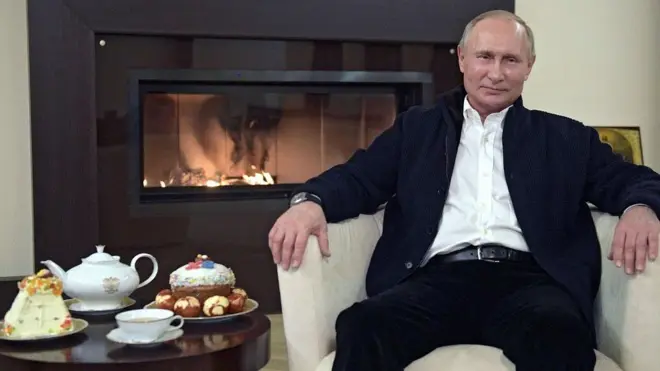 President Putin at his dacha (holiday home) near Moscow - he addressed Orthodox Christians at Easter in a TV address