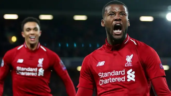 Divok Origi celebra uno de sus dos goles de este martes que le permitieron al Liverpool clasificarse a la final de Liga de Campeones.