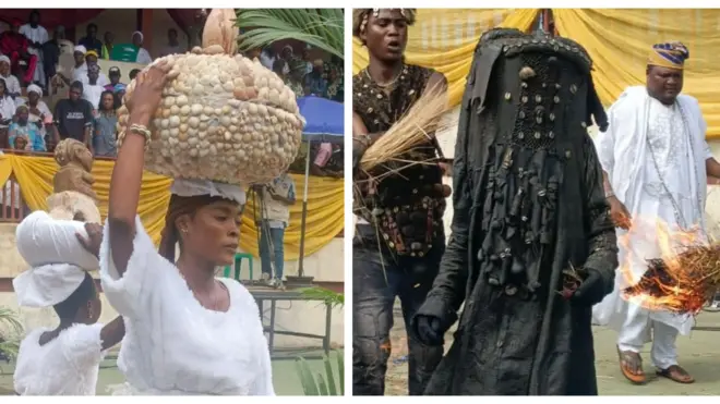 Awọn obinrin meji ru igba, wọn wọ aṣọ funfun.Igba obinrin to dagba ju ni wọn to aje mọ lara, nigba ti wọn fi aṣọ funfun we ti ọmọdebinrin keji. Eegun to wọsọ dudu lo wa lapa ọtun, awọn atọkun rẹ wa lẹyin rẹ.