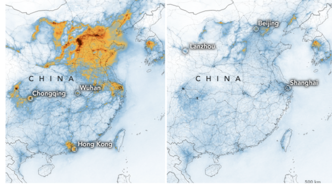 A map released by Nasa shows how air pollution levels have reduced in China this year