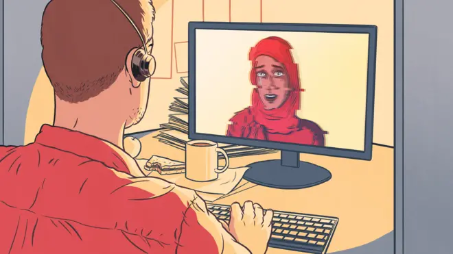 Иллюстрация - чиновник беседует с мигрантом по "Скайпу"