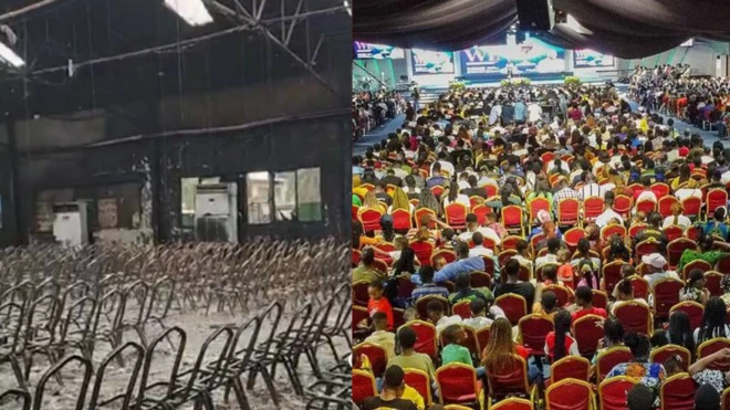 Collage foto of di church before and after di fire