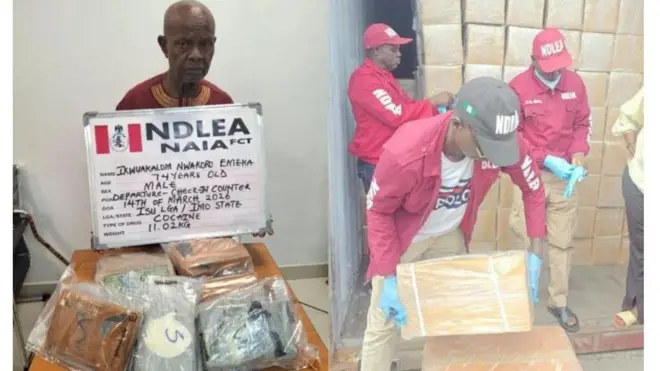 Baba naa; Ikwuakalom Nwakoro Emeka, lo gbe patako ẹsun ti wọn fi kan an dani yii, pẹlu awon oogun oloro ọhun. Awọn oṣiṣẹ ajọ NDLEA wa lapa ọtun ti wọn n to ẹru ofin naa