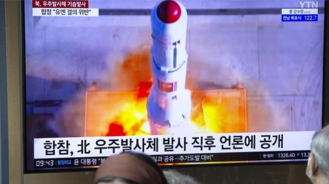 Television still of North Korea's second attempt to put a spy satellite into space