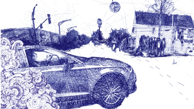 Ilustración de Guadalupe manejando por las calles de Chicago