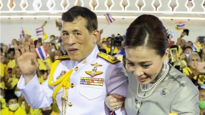 Thailand"s King Maha Vajiralongkorn and Queen Suthida greet royalists, at The Grand Palace in Bangkok, Thailand, November 1, 2020