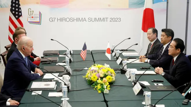 U.S. President Joe Biden attends a meeting with Japanese Prime Minister Fumio Kishida ahead the G7 Summit in Hiroshima on Thursday afternoon