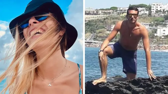 Una composición de una mujer son sombrero y gafas de sol y un hombre en pantaloneta subido a una roca